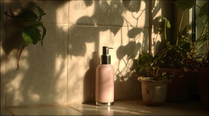 Pink lotion dispenser on a tiled countertop, shaded by leaves.