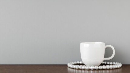 White mug with pearl necklace display