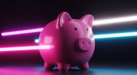 Bright Piggy Bank Surrounded by Neon Lights for Savings and Financial Growth