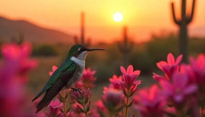 Fototapeta premium Hummingbird with iridescent feathers in a desert garden at sunset, with cacti silhouetted in the background.