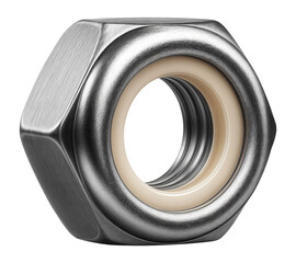 Hexagonal lock nut with a nylon insert for secure fastening in automotive assemblies.