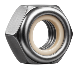 Hexagonal lock nut with a nylon insert for secure fastening in automotive assemblies.