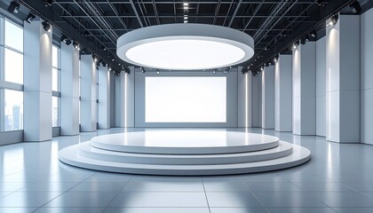 Obraz premium Modern Minimalist Exhibition Hall Stage Design with Blank Screen.