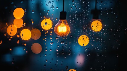 Warm light bulb, raindrops on window, bokeh