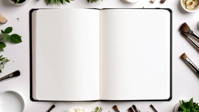 Top view flat lay of an open blank sketchbook with pages for mockup, surrounded by paint brushes, paints, and green plants on a white desk. Artistic, creative workspace background for ideas.