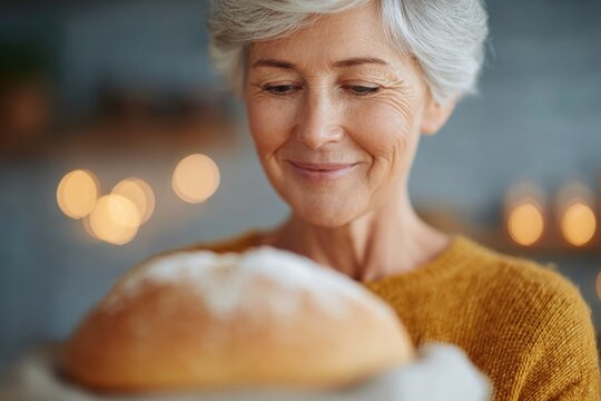 portrait of elderly white woman passing bread to her granddaughter during dinner blurred warm kitchen behind