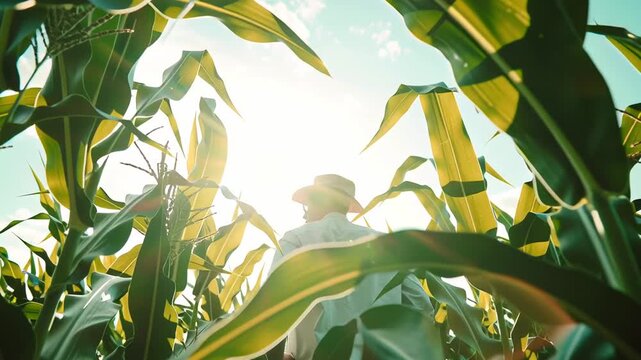 A focused agricultural expert studies the growth of corn, carefully inspecting the cobs in the field.
