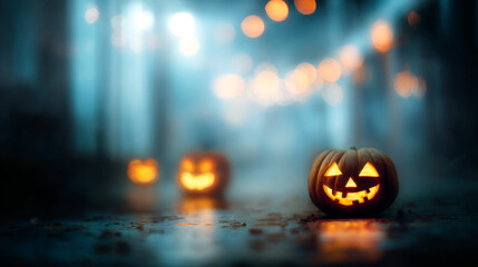 Halloween background with blurry bokeh lights and pumpkins
