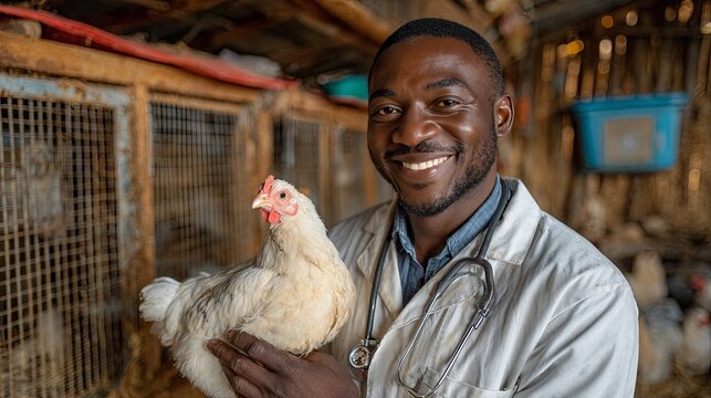 Smiling veterinarian holding a white chicken in a poultry farm, surrounded by chicken coops and natural farm environment, showcasing animal care and veterinary expertise