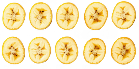 Banana slices, yellow fruit on transparent png background
