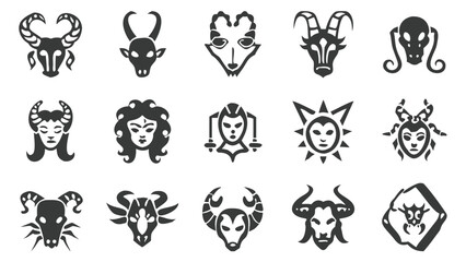 Naklejka premium Monochromatic Zodiacal Collection Diverse Astrological Symbols Representing Zodiac Signs With Bulls Goats Virgo and Medusa Like Character