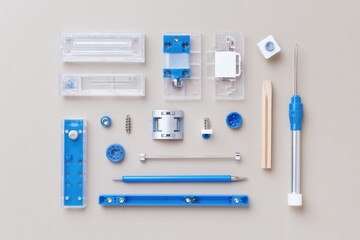 top-down view of robotics kit parts screwdriver and coding instructions on neutral table copy space left