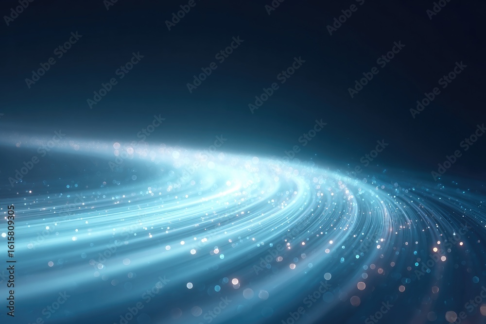 Poster 3d flow of light particle trails creating curved vector paths in dark environment negative space top