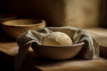 Dough resting in a bowl covered with cloth on a wooden table  