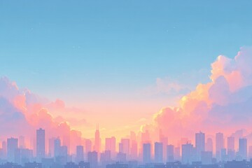 Fototapeta premium stylized rooftop skyline background with clouds drifting centered copy space soft sunset tones