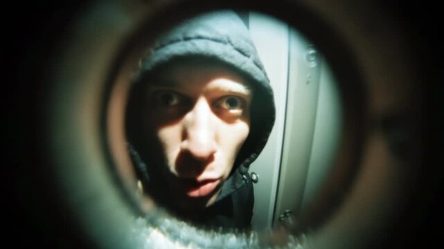 Scary dangerous person silhouette viewed through peephole. Privacy, security, curiosity. Suspicious neighbor peeping looking door peep hole. Thief, criminal looking closely, planning crime.