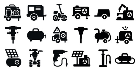 Collection of black and white icons for various tools and equipment. The icons include a hammer, a wrench, a drill, a gas tank, and a tire