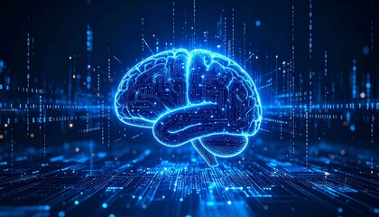 3D render of a glowing AI brain representing a large language model, surrounded by data streams and binary code in cool blue tones, with a futuristic tech design.