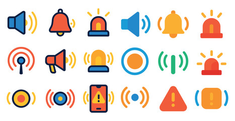 Collection of icons for various devices and services, including a bell, a microphone, and a red exclamation point