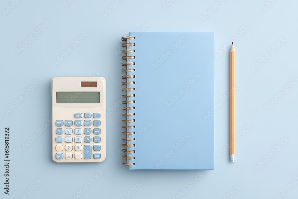 Poster minimalist desk setup with calculator notebook and pencil on clean plain background with ample copy 