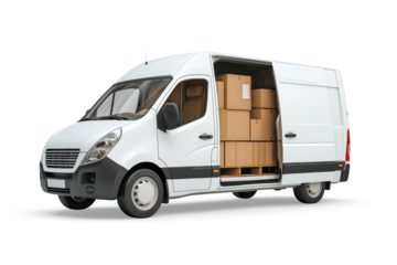 White delivery van full of cardboard boxes parked with open doors
