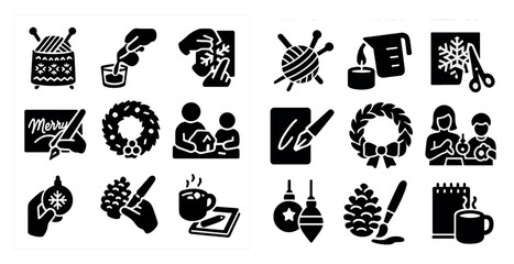 Collection of Christmas-themed icons, including a wreath, a cup of coffee, a pair of scissors, and a book. The icons are arranged in a grid, with some overlapping each other