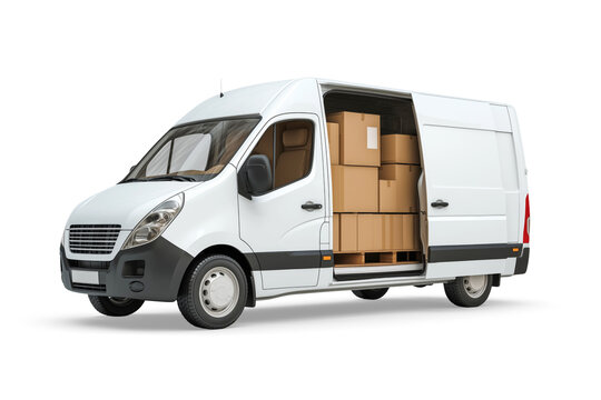 White delivery van full of cardboard boxes parked with open doors