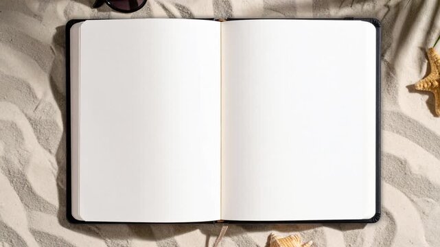 Summer vacation concept with an open blank notebook mockup on a sandy beach. Top view, flat lay scene with sunglasses, starfish, seashell, and tropical palm leaf shadow. Perfect for travel diary.
