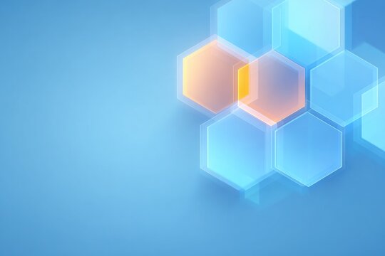 flat digital illustration of hexagons and parallelograms layered with transparency effects clean negative space top