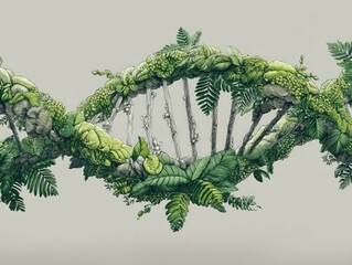 Surreal DNA Helix with Growing Trees and Lush Greenery in Nature-Inspired Composition