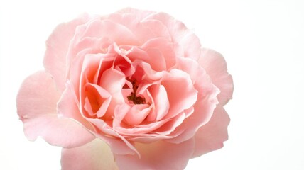 A single pink rose in full bloom with symmetrical petals and detailed texture, set against a plain white background,