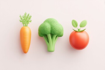 flat 3d view of vegetable set carrot broccoli and tomato grouped symmetrically on white