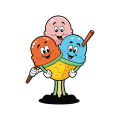 Naklejka premium Playful cartoon ice cream character with three colorful scoops in a delicious dessert concept