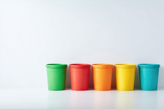 minimalistic composition of colorful recycling bins in row isolated against clean white backdrop