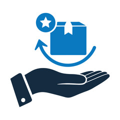 Home Delivery Icon – Blue Vector Symbol of Hand Holding Package for Shipping, Return, E-commerce, and Online Shopping