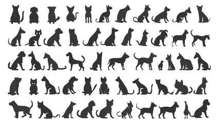 Silhouetted Animals A Diverse Collection of Dogs and Cats Posing in Various Positions Against a Plain White Background Displaying Elegance