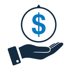 Investment Icon – Hand Holding Dollar Coin Symbol in Blue Vector for Banking, Finance, and Business Growth Illustration