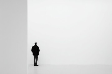 solitary figure stands thoughtfully against pristine white backdrop