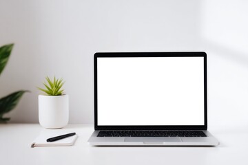 minimalistic office desk setup with notebook pen and plant on clean white surface