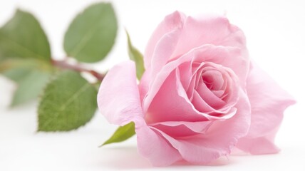 Fototapeta premium A close-up view of a single pink rose in full bloom with ruffled petals and a vibrant green leaf,