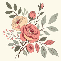 classic hand-painted floral arrangement with pink and peach roses and buds