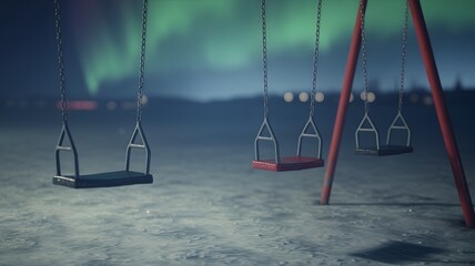 Empty swings sway under ethereal aurora borealis in a moody, atmospheric winter landscape
