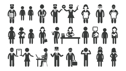 Diverse Professions Silhouette Collection Representing Various Careers Including Doctors, Business People, Construction Workers and Service Industry Staff