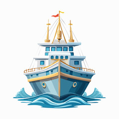 Cartoon Nautical Vessel: A Detailed Illustration of a Blue and White Ship on the Water