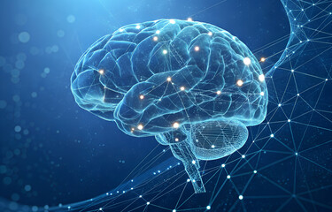 Futuristic human brain composed of glowing lines and data nodes on a blue tech background, symbolizing AI, innovation, and digital intelligence.