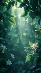 Sunlight Streaming Through Lush Green Foliage with White Flowers