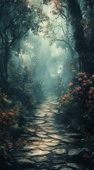 Walking Stone Path Through Misty Forest with Flowers