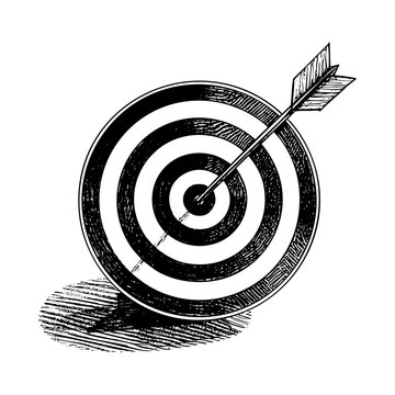 Arrow on target sketch engraving black and white outline. Scratch board imitation.  illustrated in vintage line art style on a white background.
