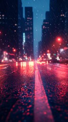 Driving on City Street in Rain at Night with Neon Lights