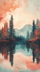 Reflective Lake Landscape with Autumn Forest and Distant Mountain